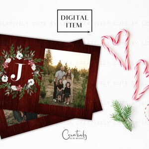 Monogramma biglietto fotografico di Natale per la famiglia, biglietto fotografico rustico per le vacanze, biglietto di Natale floreale con acquerello, Natale in fattoria, etichetta per l'indirizzo del mittente