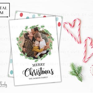 Aquarell Blumenkranz Weihnachtskarte, Familienfotokarte, Urlaub Fotokarte, Polka Dot druckbare Karte, Adressaufkleber