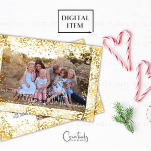 Cartão de foto de Natal alegre e brilhante, cartão de foto de família para férias, cartão de Natal com glitter bokeh em folha de ouro, cartão de Natal para impressão