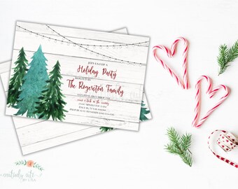 May include: Holiday party invitation with watercolor evergreen trees and string lights on a white wood background. The invitation text reads "Join us for a Holiday Party" hosted by The Rogerton Family.