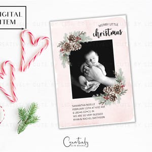 Faire-part de naissance de Noël, joyeux petit Noël, carte de Noël photo, fleurs de Noël, carte de Noël imprimable, carte recto-verso