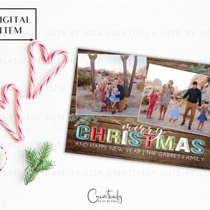 Merry Christmas-fotokaart, fotokaart voor familievakantie, kerstkaart rustieke boerderij, aquarel kerstkaart, afdrukbare kerstkaart