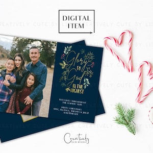 Glorie aan God religieuze kerstkaart, bijbelvers christelijke kerstkaart, kerstkaart met foto, moderne kerstkaart, retouradreslabel