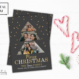 Fotokaart vrolijke kerstboom, moderne familiefotokaart, goudfolie glitterkerstkaart, retouradreslabel