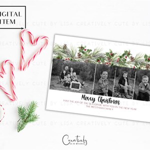 Tarjeta navideña con foto floral en acuarela, tarjeta navideña con foto, tarjeta navideña con foto festiva, tarjeta navideña de estilo rústico, tarjeta navideña sencilla, imprimible