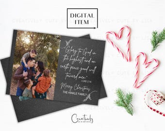 May include: A digital Christmas card with a family photo, surrounded by festive elements. The card features a family portrait and the text "Glory to God in the highest and on earth peace good will toward men. Merry Christmas." Candy canes and greenery complete the holiday theme.