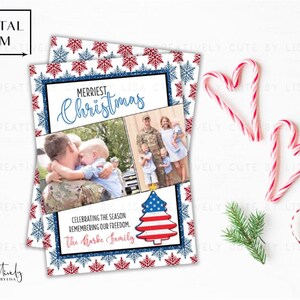 Cartão de Natal patriótico militar, cartão de feriado militar, cartão de Natal de implantação, cartão de Natal para impressão, etiqueta de endereço de retorno