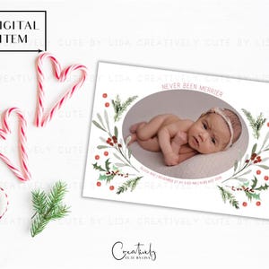 Faire-part de naissance photo de Noël, carte de Noël florale aquarelle, on n'a jamais été plus heureux, faire-part nouveau-né, carte de Noël imprimable
