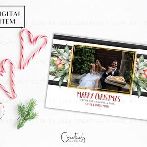 Heiraten Sie Weihnachten frisch vermählt Fotokarte, Verheiratet Weihnachten, Brautpaar Urlaub Fotokarte, Bauernhaus Aquarell Blumenweihnachtskarte