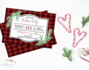 May include: Christmas party invitations with a red and black plaid pattern. The invitations have text that reads "Christmas Party" and include details like the date and location. Candy canes and sprigs of greenery are arranged around the invitations.