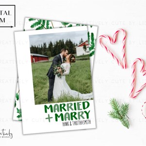 Tarjeta navideña con foto de casamiento y feliz Navidad, tarjeta navideña con foto de boda de recién casados, boda navideña moderna, tarjeta navideña sencilla para recién casados