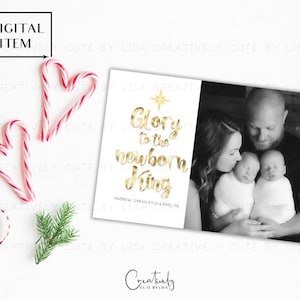 Biglietto fotografico di Natale religioso, biglietto di Natale in lamina d'oro, biglietto di Natale cristiano, Gloria al Re neonato, biglietto di Natale stampabile