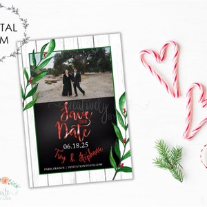 Kerst-save-the-date, kerstfotokaart, winterbruiloft-save-the-date, moderne kerst, kersthulst, boerderij-save the date-kaart