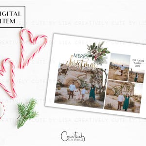 Cartão de foto de Natal encantador, cartão de foto de família para férias, cartão floral aquarela com folha de ouro, Natal na fazenda, cartão de Natal para impressão