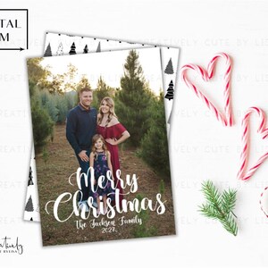 Tarjeta con foto de Feliz Navidad, Tarjeta con foto familiar navideña, Tarjeta moderna con árbol de Navidad, Tarjeta navideña sencilla e imprimible, Etiqueta con dirección de remitente