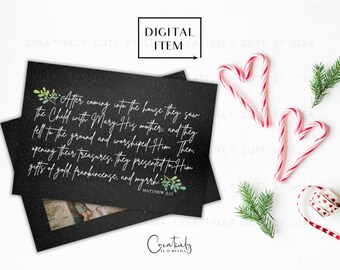May include: A digital item featuring a black card with white script from Matthew 2:11, accented with green foliage. Two candy canes form hearts, with sprigs of evergreen and a ribbon with hearts. The words "DIGITAL ITEM" are at the top.
