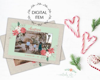 Merriest Christmas Photo Card, Holiday Photo Card, Watercolor Floral, Watercolor Christmas Card, Printable Christmas Card, Double Sided Card