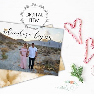 Neujahrs-Schwangerschaftsankündigung, die Reise beginnt, neues Jahr Schwangerschaft enthüllen, druckbare Fotokarte, Aquarellkarte, neues Baby des neuen Jahres