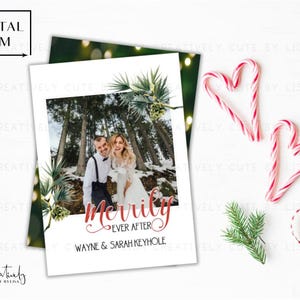 Carte de Noël des mariés, Merrily Ever After, carte de Noël de mariage, carte de Noël de jeunes mariés, Noël aquarelle, carte de Noël imprimable