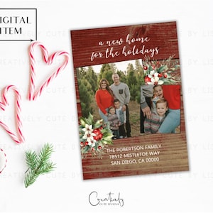Verhuizende kerstaankondiging, verhuisaankondiging vakantie, een nieuw huis voor de feestdagen, glitterkerstkaart, kerstfotokaart
