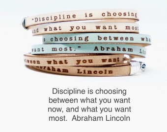 Discipline is... Abraham Lincoln Daily Reminder Leather Double Wrap Bracelet Famous Quotes Present for her encouragement friend Gift Ideas