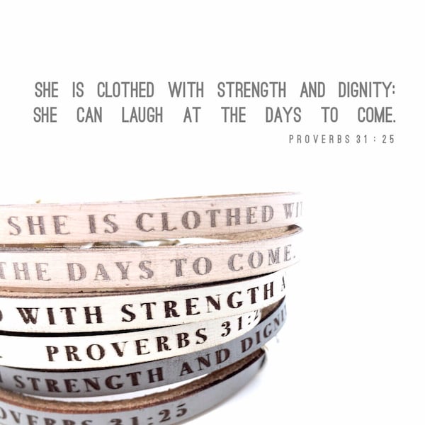 She is clothed with strength and dignity Proverbs 31:25 Daily Reminder Leather Wrap Bracelet Christian Gift for Women Mom Religious Jewelry