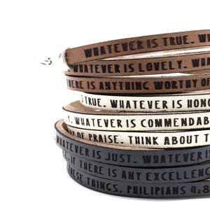 Philippians 4:8...  Daily Reminder Leather wrap Christian gifts for women her, bible verse bracelet, sympathy grief encouraging motivational