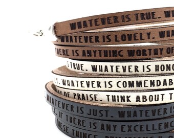 Philippians 4:8...  Daily Reminder Leather wrap Christian gifts for women her, bible verse bracelet, sympathy grief encouraging motivational