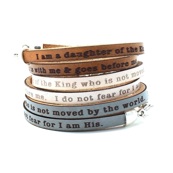 Engraved Leather Wrap Bracelet: Daughter of the King, Christian Jewelry