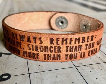 Custom Quote Narrow Cuff. Your book or Bible quote. Leather Snap Cuff Bracelet for Men, Women, and Kids.