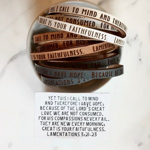 Engraved Leather Wrap Bracelet, Lamentations 3:21-23, Christian Gift
