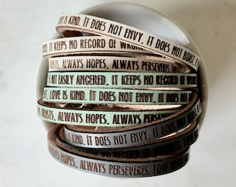 Love is... 1 Corinthians 13:4-8 Daily Reminder Leather wrap bracelet Christian Gift for Women Her Anniversary Birthday Valentine’s Day Mom