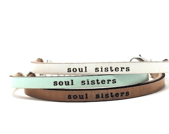 Soul Sisters Leather Friendship Bracelet, Engraved Quote Jewelry