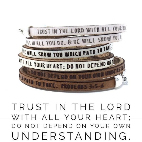 Trust in the Lord with all your heart...Proverbs 3:5-6 Daily Reminder Leather Bracelet Christian Gift for Her Women  Religious Gift Jewelry