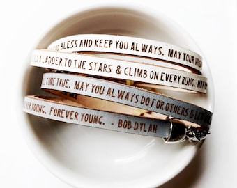 Forever Young... Bob Dylan Quote Daily Reminder Leather wrap bracelet Gift for her, encouraging jewelry, Graduation, daughter friend present