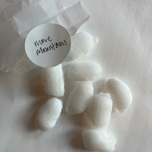 May include: A white paper bag with a sticker that says "Move Mountains". The bag is open and there are several white, irregularly shaped, foam packing peanuts inside.