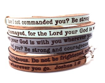 Be Strong and Courageous... Joshua 1:9 Daily Reminder Leather Double Wrap Bracelet Christian Gifts for Her Women Friend Graduation Religious