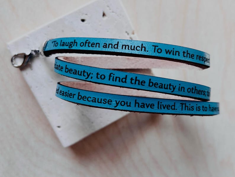 Emerson Quote Leather Wrap Bracelet, Encouragement Gift Teal