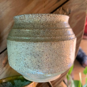 May include: A small, white ceramic pot with a speckled glaze. The pot has a rounded shape and a slightly flared rim.