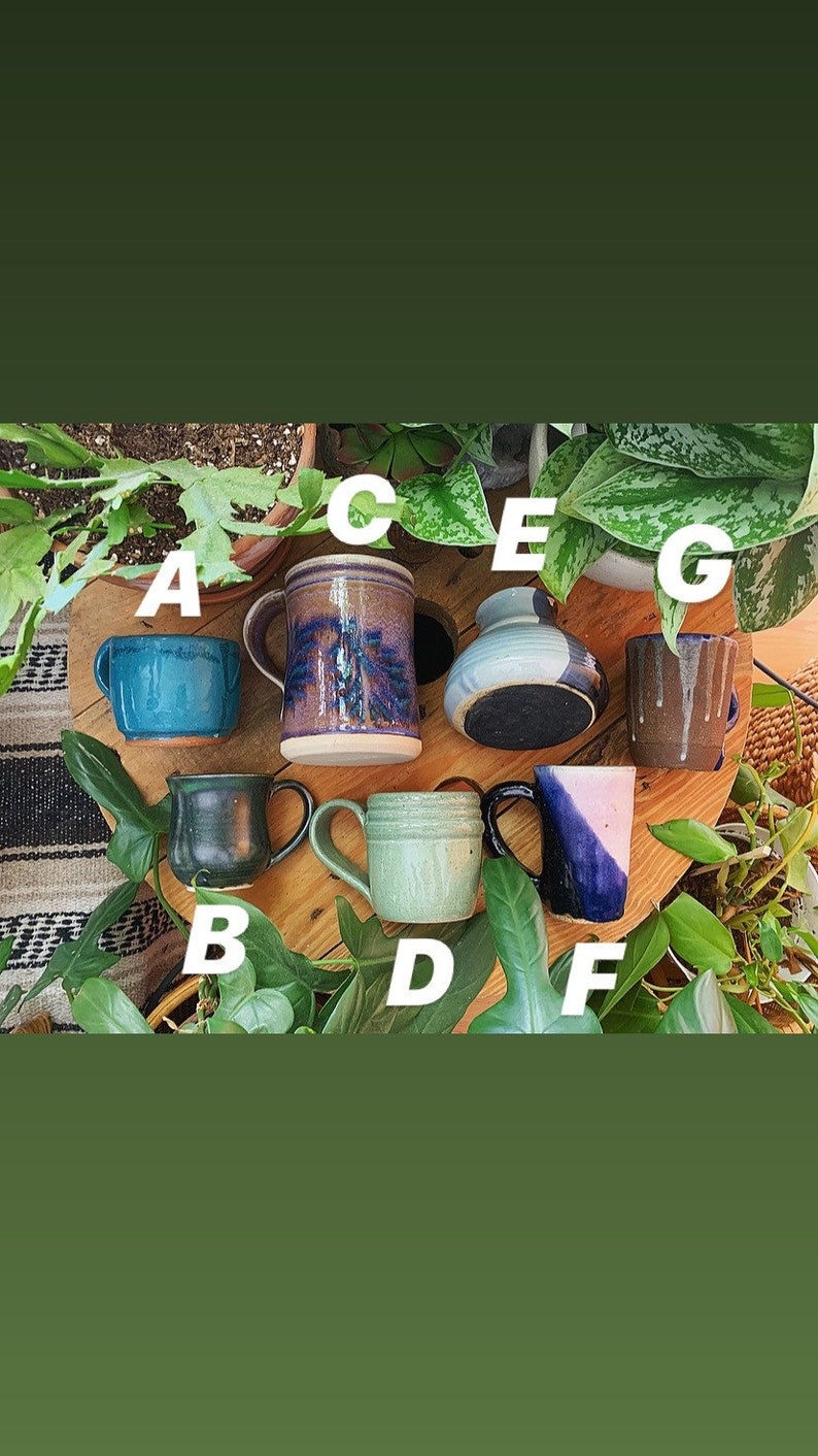 May include: A collection of seven ceramic mugs and vases in various colours and patterns, including blue, green, brown, and purple. The mugs and vases are arranged on a wooden surface with green plants in the background.