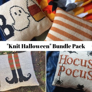 Pode incluir: Um conjunto de quatro capas de almofada de malha para o Halloween. As capas apresentam vários temas de Halloween, incluindo um fantasma, milho doce, pernas de bruxa e as palavras "Hocus Pocus".