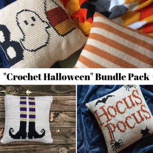 May include: A set of four crocheted cushion covers with Halloween themes. The cushions feature a ghost, candy corn, striped pattern, witch's legs, and the words "Hocus Pocus".