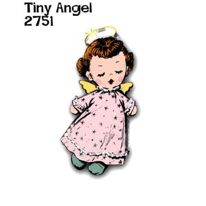 May include: A pink and white dress with a star pattern and a halo, worn by a doll with brown hair and closed eyes. The doll has a yellow halo and wings. The doll is a vintage style angel doll.