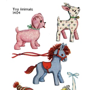 May include: A vintage sewing pattern for making five toy animals: a pink dog, a blue and white horse, a yellow duck, a white duck with a red and white hat, and a deer with a floral print. The pattern is titled "Toy Animals 1404".