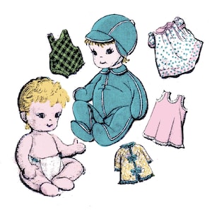 Puede incluir: Un conjunto de ropa de muñeca para una muñeca bebé. El conjunto incluye un mono azul con ribete blanco, un vestido rosa, un vestido de cuadros verdes y blancos, un vestido amarillo y blanco y un vestido blanco con lunares rosas y azules.