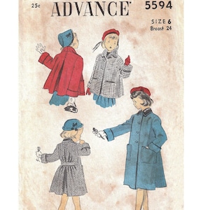 May include: Vintage sewing pattern for a child's coat, size 6, with a 24 inch bust. The pattern is from Advance, pattern number 5594. The pattern shows four different views of the coat, including a red coat, a plaid coat, a blue coat, and a gray coat.