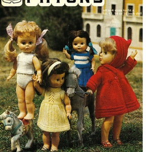 May include: A vintage knitting pattern booklet for doll clothes from Patons. The cover features four dolls wearing knitted outfits, including a red coat, a yellow dress, a blue and white striped dress, and a white tank top. The booklet is titled "Doll's Clothes" and includes the price code "1371 B".