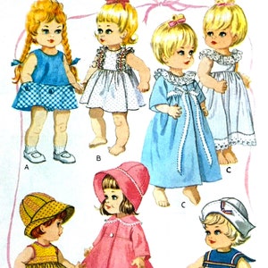 May include: A vintage sewing pattern for making doll clothes. The pattern includes six different outfits for dolls, including a blue dress with a gingham skirt, a white dress with lace trim, a blue dress with a lace collar, a white dress with a sailor collar, a pink coat, and a yellow dress with a yellow hat.