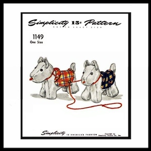 Può includere: Un modello di cucito vintage Simplicity per un paio di cani di peluche. Il numero del modello è 1149 ed è per una sola taglia. I cani sono grigi con colletti e guinzagli a quadri rossi e blu.