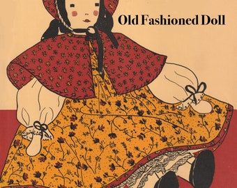 Puede incluir: Una ilustración de una muñeca antigua con un gorro rojo, una capa con estampado rojo y blanco y un vestido amarillo con estampado floral. La muñeca tiene el pelo negro y un vestido con estampado rojo y blanco. El texto "Old Fashioned Doll" está por encima de la muñeca y el texto "By EDITH FLACK ACKLEY" está por debajo de la muñeca.